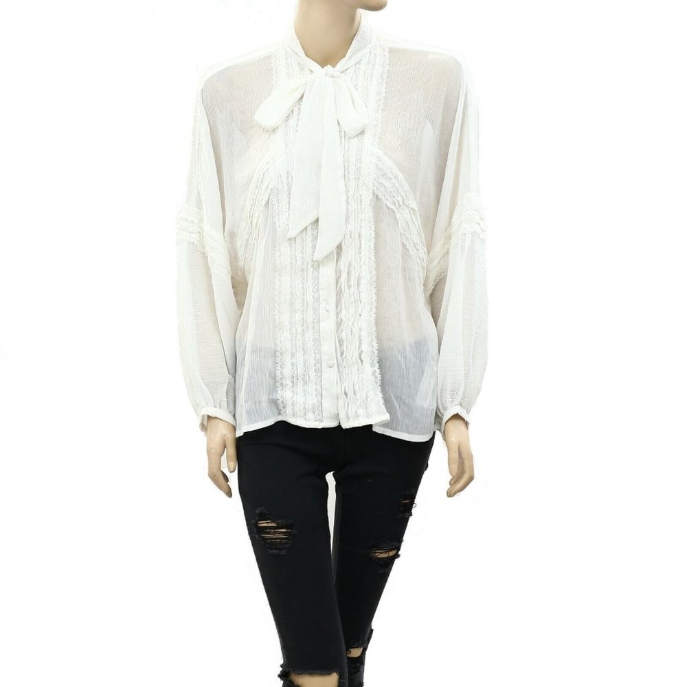 Uterque Buttondown Lace White Shirt Blouse Top Tie Sheer Long Sleeve S